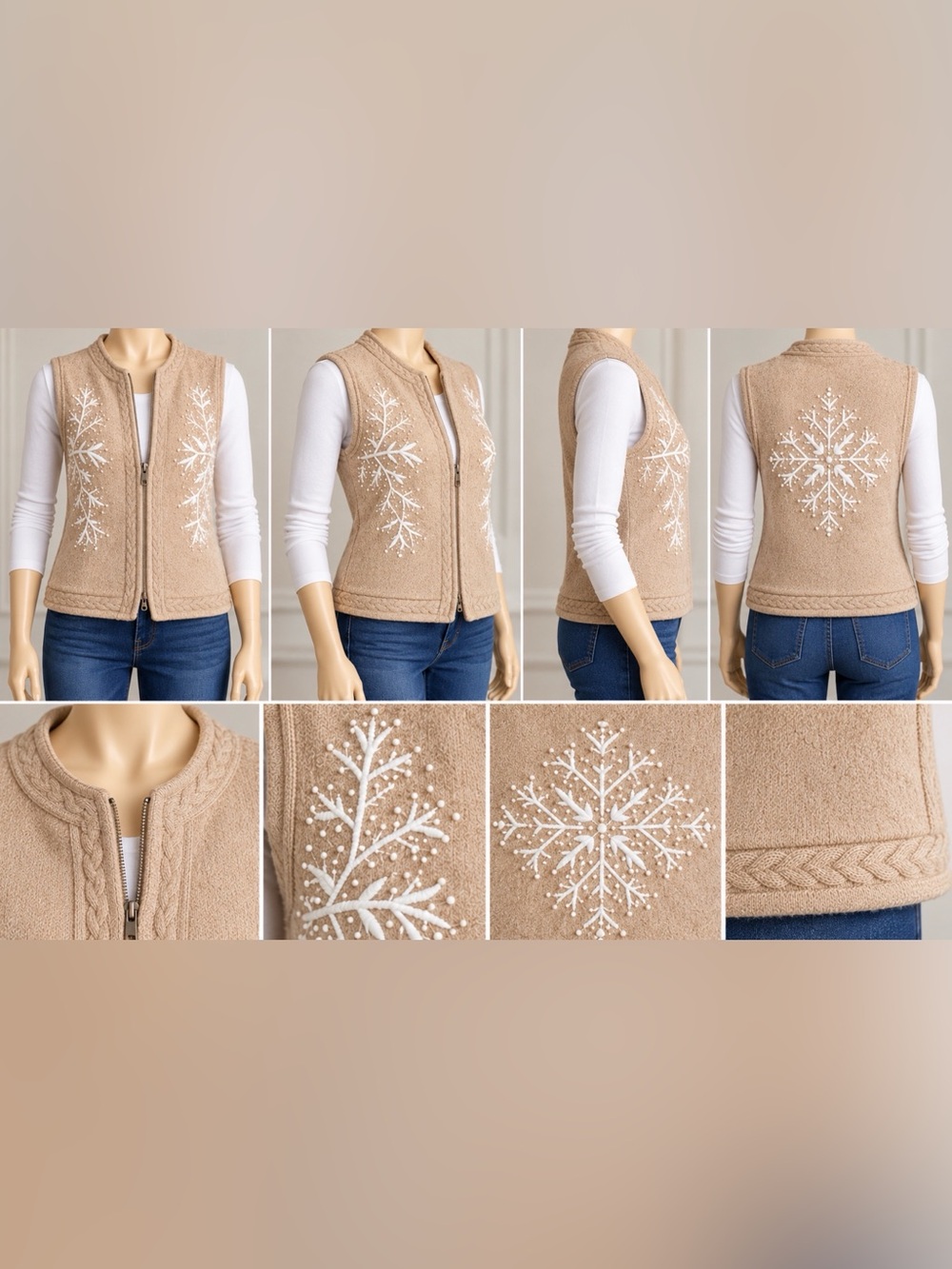 Coldwater Creek Snowflake Embroidered Wool Zip Vest Brown Large